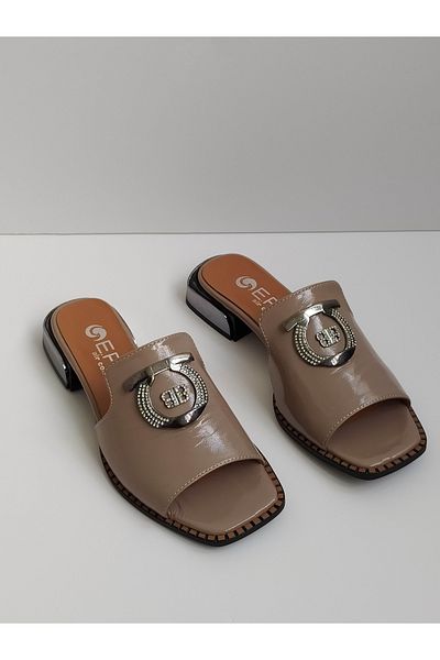 ERS Air Comfort Mink Genuine Shiny Patent Leather Women's Stylish Heeled Slippers with Metal Buckle Heel Detail