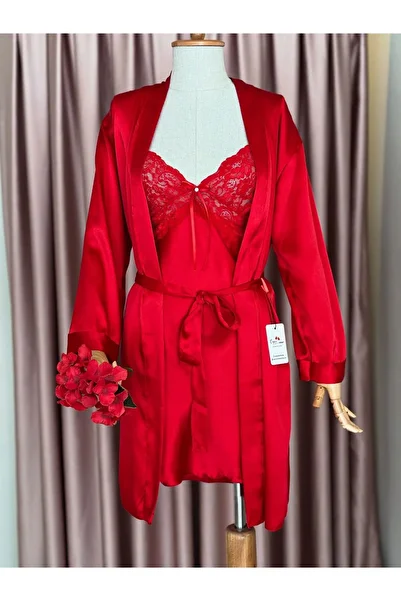 cdh çeyize dair herşey Pera Silk Satin Red Nightgown Dressing Gown Set 6886