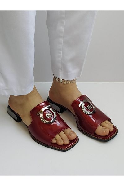 ERS Air Comfort Burgundy Genuine Shiny Patent Leather Women's Stylish Heeled Slippers with Metal Buckle Heel Detail