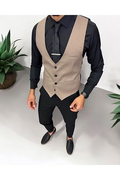 dehaine Men's suit, trousers with vest, beige, plain, 13230