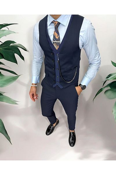 dehaine Men's suit, pants with vest, navy blue, 13238