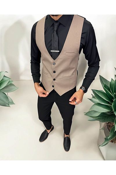 dehaine Men's suit, trousers with vest, beige, plain, 13230
