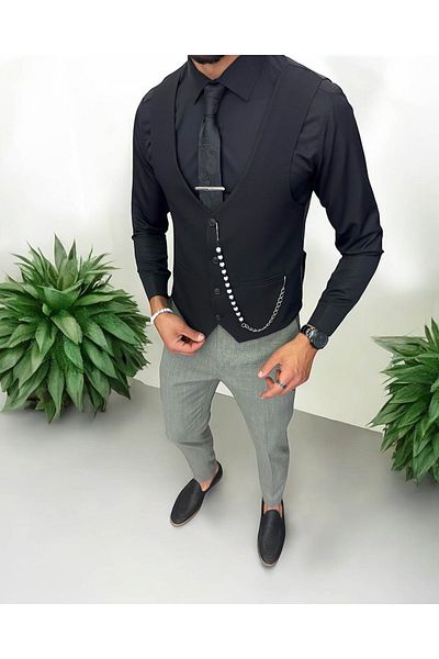 dehaine Men's suit, pants with vest, plain black, 13216