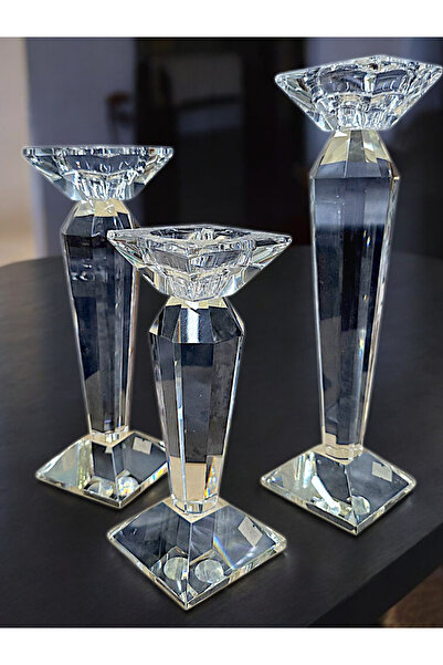 Genel Markalar Dekoratif Safir Kristal Cam 3 lü Şamdan