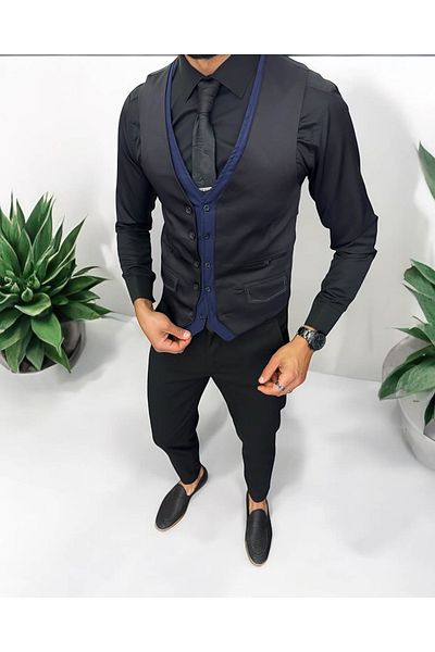 dehaine Men's suit, pants with vest, plain black, 13232