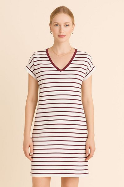 trendalisse Women's Burgundy Striped V-Neck Wide Fit Casual Summer Dress