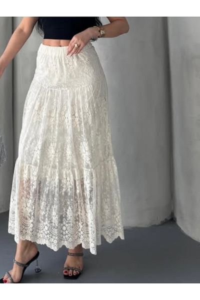 SOFT Lace Elastic Waist Long Skirt - Lined Inside