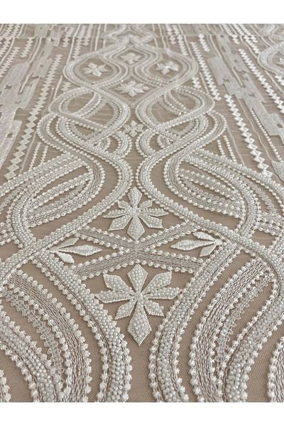 Luxuro Ivory Lace with Geometric Pattern, Pearls and Sequins