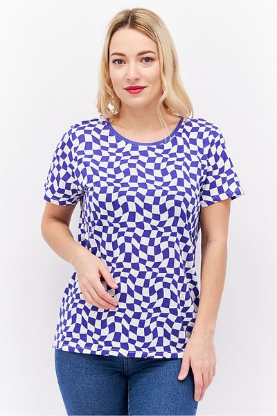 Sinsay Women Round Neck Short Sleeve Checkered Top, White/Blue