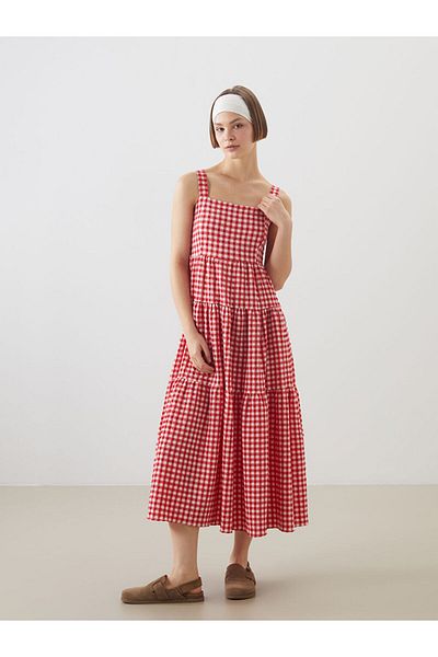 LC Waikiki Xside Red Square Collar Plaid Strap Seersucker Dress