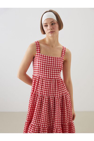 LC Waikiki Xside Red Square Collar Plaid Strap Seersucker Dress