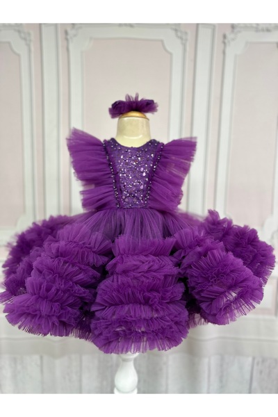 İlknur Karaca Design Mürdüm rengi boncuklu eteği bol fırfırlı kız çocuk için ...