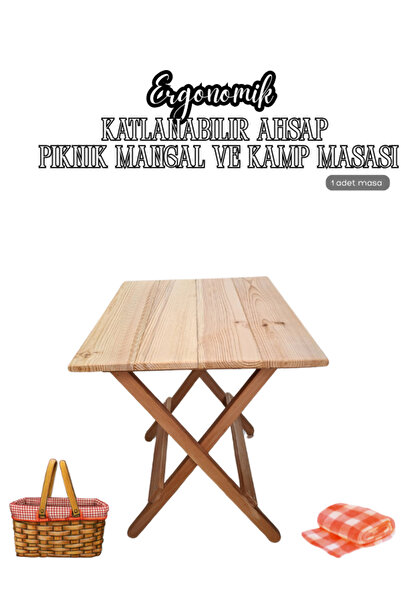 Milea Ergonomik Katlanabilir Yer Kaplamayan Ahşap Oyun Piknik Kamp Mangal Masası 50*60*60