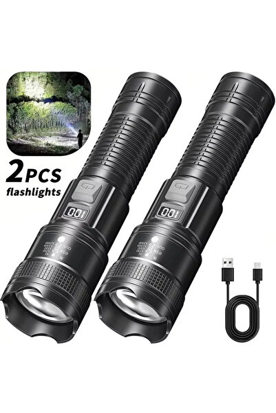Choice Black 2PCs High Strong Power Led Flashlights 300000LM Tactical Torch with Display Light USB Charging