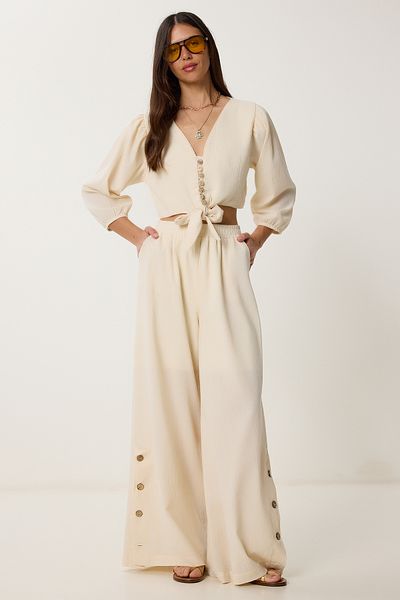 Lovelyİstanbul Linen Crop Blouse Pants Set Cream Lrv0107