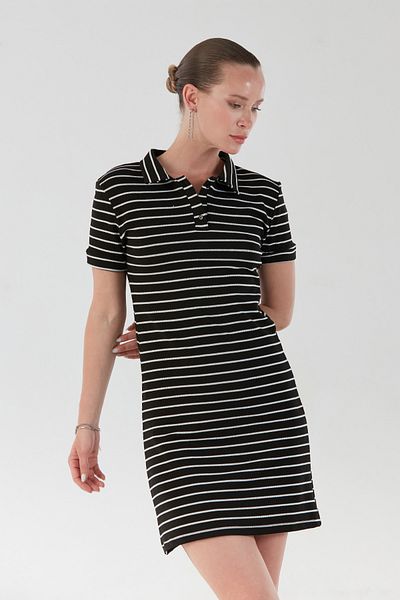 Fulla Moda Ριγέ γιακά με μισό κουμπί φόρεμα