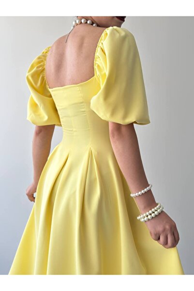 MODA DURAĞI Balon Kol Kare Yaka Pileli Midi Boy Elbise