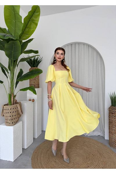 MODA DURAĞI Balloon Sleeve Square Collar Pleated Midi Dress