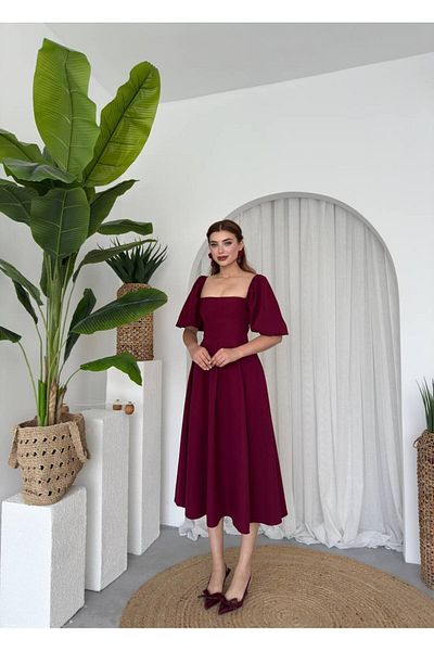 MODA DURAĞI Balloon Sleeve Square Collar Pleated Midi Dress