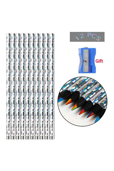 Choice 12pcs-laser silver 12pcs/Set Kawaii Rainbow Pencil 7 Colors Concentric Gradient Crayons Kids Gift Co