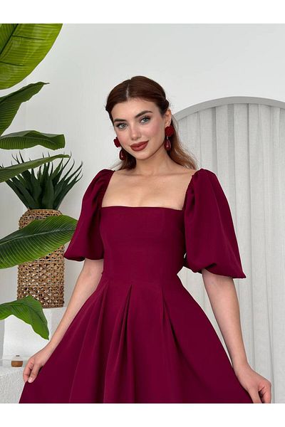 MODA DURAĞI Balloon Sleeve Square Collar Pleated Midi Dress