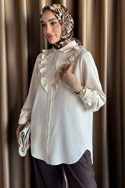 julude Πέτρινο πουκάμισο με λεπτομέρεια βολάν Hijab