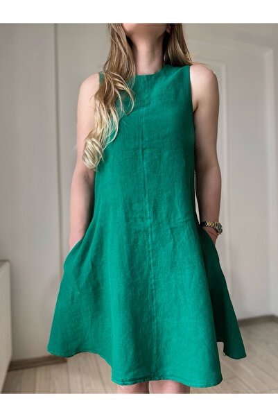 Store Sıfır Kol Cepli Keten Elbise