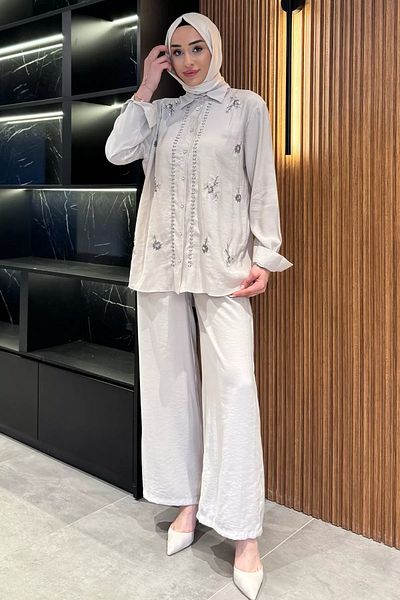 julude Stone Women's Bead Embroidered Hijab Shirt Pants Double Suit