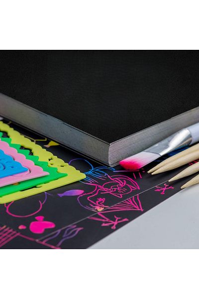 Tritart Set of 55 Tritart rainbow effect scratch boards, 13 x 19 cm, Stencil, Pencils, Stickers, Brushes