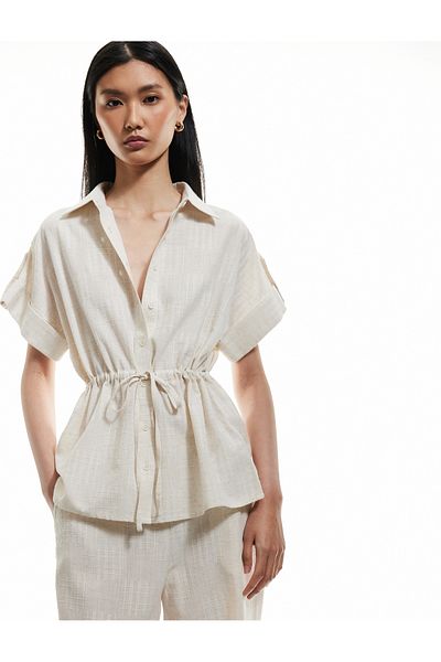 Koton Viscose Linen Blend Tie Waist Short Sleeve Shirt