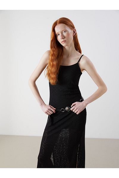 LC Waikiki Xside Black Square Neck Self Pattern Dress