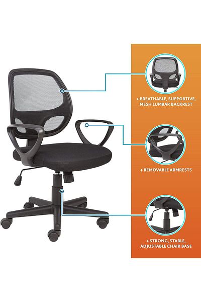 COOYA Office Computer Chair Seat,Height Adjustable 360° Swivel,with Armrests,Upholstered Mesh,Low-Back