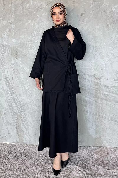 julude Μαύρο Πλαϊνό Δεμένο Jean Denim Jacket Φούστα Hijab Διπλό Σετ
