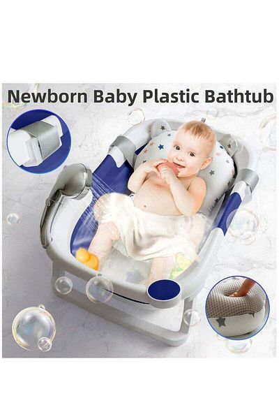 Yelajoy Foldable Baby Bath Tub With Cushion Pad,Water Plug,Non-Slip Support Leg For Toddler,Infant,Blue