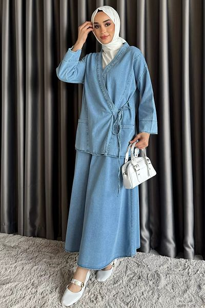 julude Μπλε πλαϊνό δεμένο Jean Denim Jacket Φούστα Hijab Διπλό Σετ