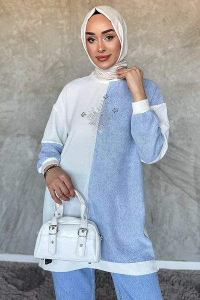 julude Cream Crew Neck Garnished Stone Embroidered Hijab Tunic