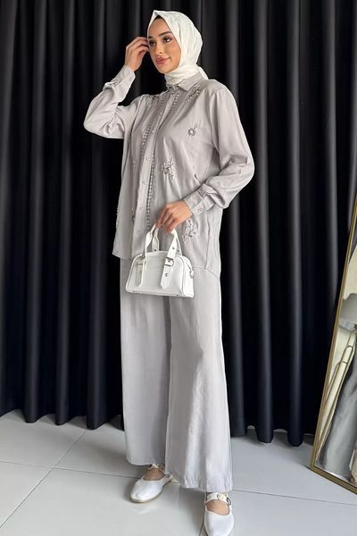 julude Gray Women's Bead Embroidered Hijab Shirt Pants Double Set