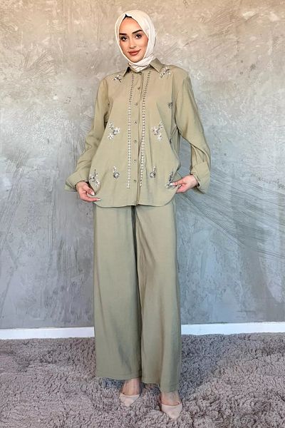 julude Khaki Women's Bead Embroidered Hijab Shirt Pants Double Suit