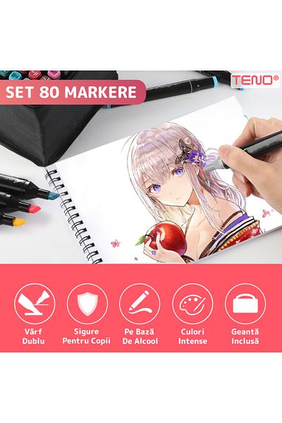 Teno Set 80 Markere Teno®, geanta de depozitare inclusa, 2 varfuri, pe baza de alcool, multicolor