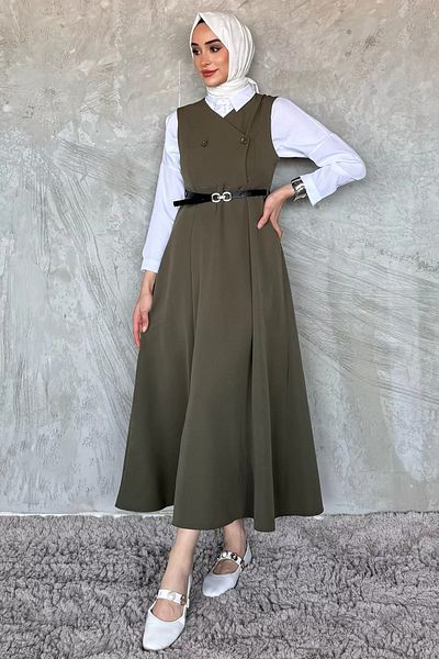 julude Χακί Ζώνη Hijab Gilet Φόρεμα