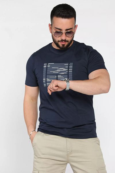 MİSHAR İTALİA Ανδρικό μπλουζάκι με μπλε Navy Crew λαιμόκοψη μπροστά