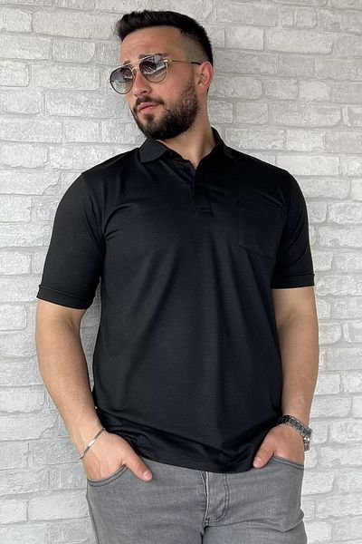 MİSHAR İTALİA Μαύρο ανδρικό μπλουζάκι με γιακά πόλο με μισό κουμπί και τσέπη