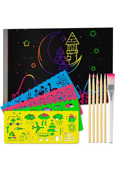 Tritart Set of 55 Tritart rainbow effect scratch boards, 13 x 19 cm, Stencil, Pencils, Stickers, Brushes