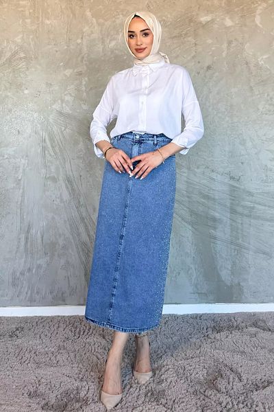 julude Fusta din denim pentru femei albastră brodata cu piatră