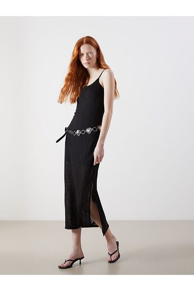LC Waikiki Xside Black Square Neck Self Pattern Dress