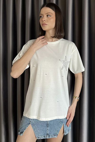 GÜLSELİ Tricou de damă Cream Star Stone Crew Neck