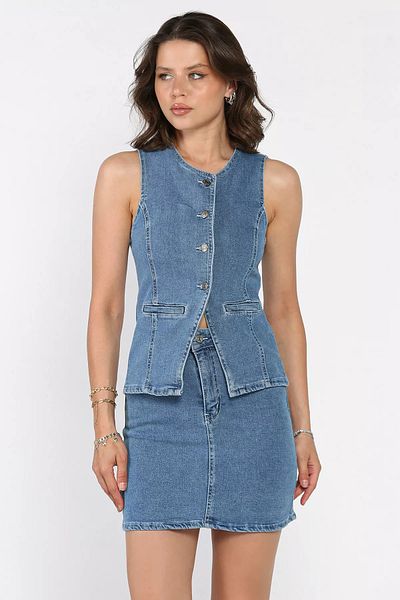 GÜLSELİ Blue Jean Denim Vest Skirt Double Set