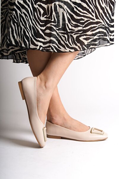 MABELME STORE Kaylee Laceless Orthopedic Comfortable Sole Buckle Detailed Women's Ballerina Shoes Ckt - Cream