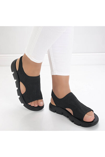 Botinelli Sandale negre de damă fără toc din material textil Trovy, mărimea 36