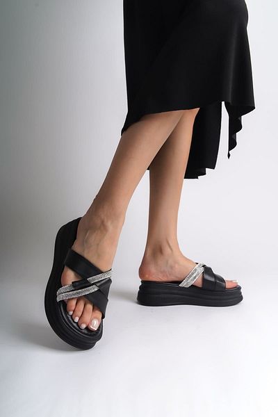 Joy Ayakkabı Ruby Flat Heeled Stone Cross Stripe Thick and Orthopedic Sole Women's Slippers Cst - Black